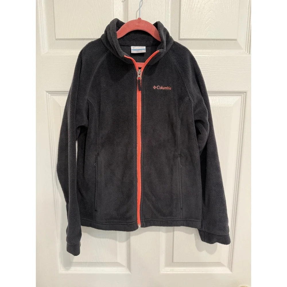Columbia Kids Fleece Jacket Full Zip Charcoal Gray Pink Logo Size M 10/12